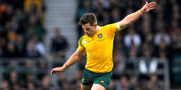 Wallabies first-five Bernard Foley takes a shot at goal during their Rugby World Cup quarter-final against Scotland last year. Photo / Photosport