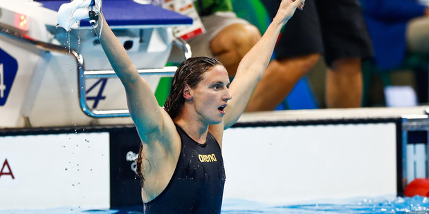Katinka Hosszu of Hungary celebrates winning gold and a new world record in the Final of the Women's 400m Individual Medley. Photo / Getty Images