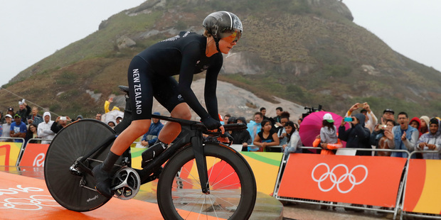 New Zealand's Linda Villumsen has finished sixth in tough conditions in the women's individual time trial event at the Rio Olympics. Photo / AP