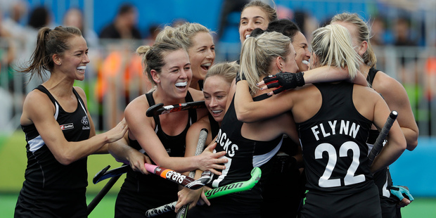 The Black Sticks celebrate after scoring their goal against the Netherlands. Photo / AP