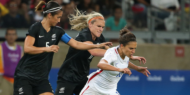 New Zealand footballer Abby Erceg, centre, is awaiting the result of an appeal of a red card she received during her team's 1-0 win over Colombia at the Rio Olympics. Photo / AP