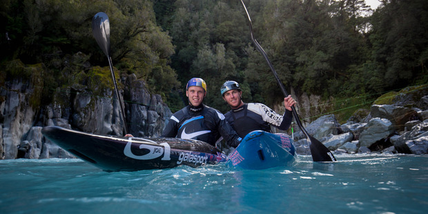 INSPIRATIONAL: Olympic champion Joe Clarke, left, and Tauranga's Mike Dawson on the Whataroa River earlier this year. PHOTO/ Jamie Troughton/Dscribe Media 110816sp19BOP