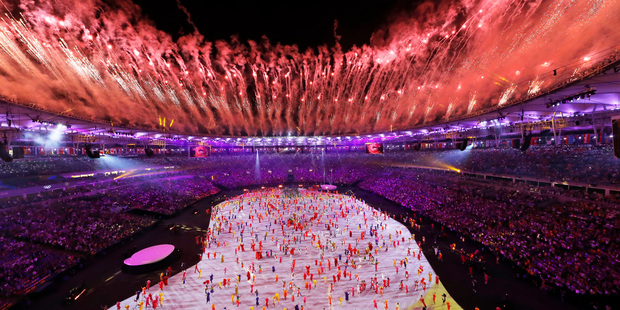 Fireworks are seen over Maracana Stadium during the opening ceremony at the 2016 Summer Olympics in Rio de Janeiro. Photo / AP