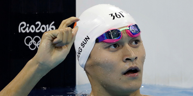China's Sun Yang reacts after a a men's 400-meter freestyle heat during the swimming competitions at the 2016 Summer Olympics. Photo / AP.