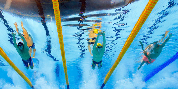 Australia's Mack Horton and China's Sun Yang, far right, compete in the final of the men's 400m freestyle. Photo / AP