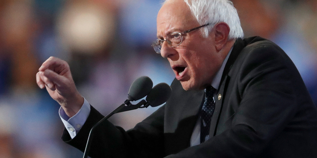 Senator Bernie Sanders speaking during the first day of the Democratic National Convention. Photo / AP