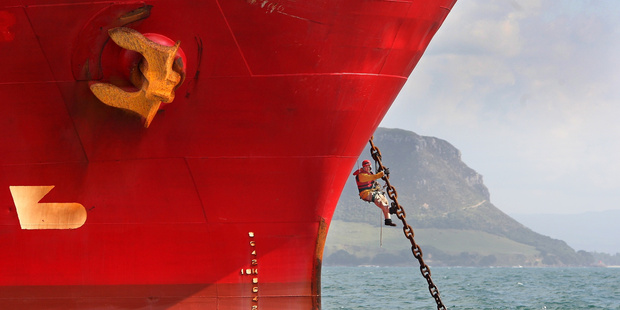 Greenpeace protestors chained themselves to a ship carrying palm kernels for stock feed in 2009. Photo / Bay of Plenty Times