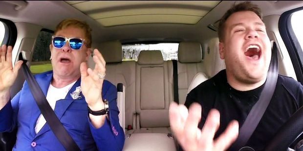 Elton John with James Corden during Carpool Karaoke from in Corden's show Late Late Show.