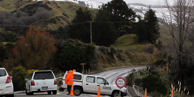 Road block's, like this one at Te Pohue, will remain in place until closures are lifted for SH5. PHOTO/Warren Buckland.