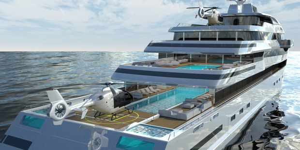 If a second helicopter has to land on the vessel, there is a retractable touch-and-go landing pad on the main deck between the two Jacuzzis. Image / Gill Schmid Design