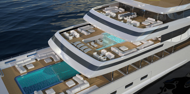 The 110-metre-long superyacht would have two glass-bottom swimming pools, connected by a waterfall. Image / Gill Schmid Design