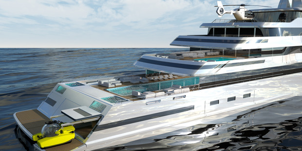 The on-board garage would have enough space to store tenders, an ICON plane or a mini submarine. Image / Gill Schmid Design