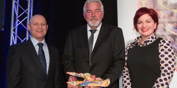 Ray Smith (Department of Corrections chief executive), Simon Tanner (Northland Regional Corrections Facility assistant prison director) and Beth Hill (arts tutor and distance education facilitator at Northland Region Corrections Facility), with the Arts Access Award won by Ngawha Prison.