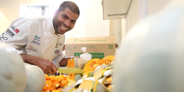 Owner and chef of St George's Restaurant Francky Godinho make more than 100 litres of pumpkin soup and delivered it with bottles of water to Havelock North residents affected by the gastro ourbreak. Photo / Duncan Brown