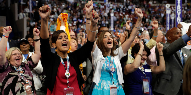 Virginia delegates cheered as Senator Tim Kaine of Virginia officially became the party's vice-presidential nominee at the Democratic Convention. Photo / AP