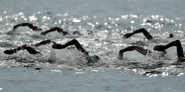 Swimmers compete during the men's marathon swimming competition of the 2016 Summer Olympics in Rio de Janeiro, Brazil. Photo / AP