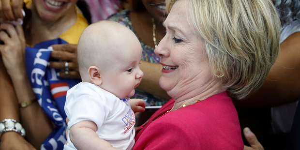 Democratic presidential candidate Hillary Clinton with a future voter at a Pennsylvania election registration event. Photo / AP
