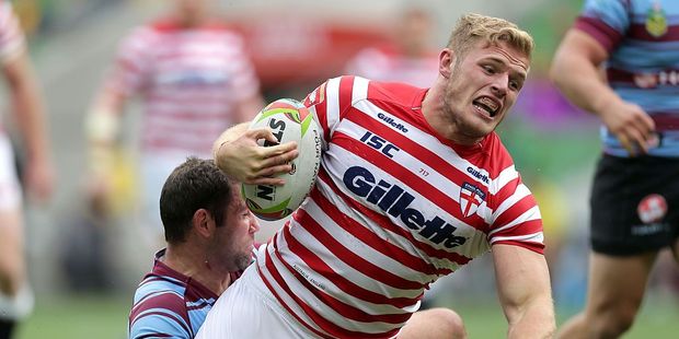 George Burgess of England is tackled during the Four Nations. Photo / Getty Images