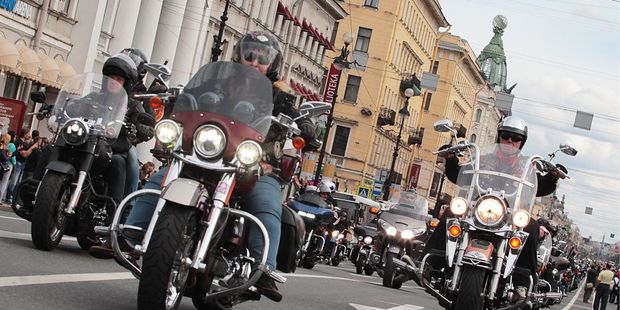 Bikers ride their Harley Davidson through Saint-Petersburg, Russia, during a festival. Photo / Getty