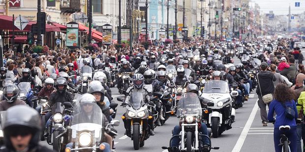 Bikers ride their Harley Davidson through Saint-Petersburg, Russia, during a festival. Photo / Getty
