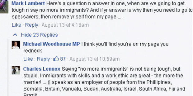 "I think you'll find you're on my page you redneck," Michael Woodhouse replied. Photo / Supplied