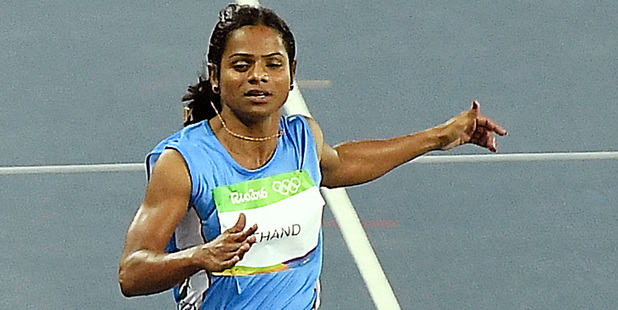 India's Dutee Chand, an athlete diagnosed as hyperandrogenic, competes in the women's 100 metre sprint at the Rio Olympics. Photo / AP