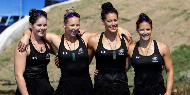 New Zealand's Jaimee Lovett, Kayla Imrie, Aimee Fisher and Caitlin Ryan react after sealing a place in the final of the women's K4 500m Olympic kayaking event. Photo / AP