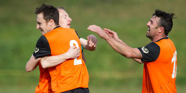 WIN: Ngongotaha AFC celebrate a goal over the Matamata Swifts on Saturday. Ngongotaha won 6 - 1. PHOTO/STEPHEN PARKER