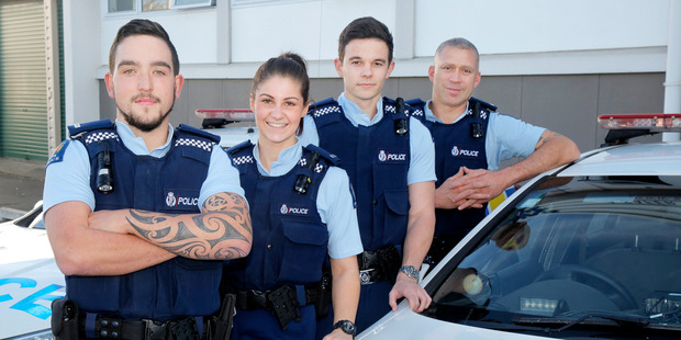 Four new recruits starting at the Whanganui Police station are Caleb Watt, Jessica Parkin, Nicholas Martell and Glen Osborne. Photo/Bevan Conley