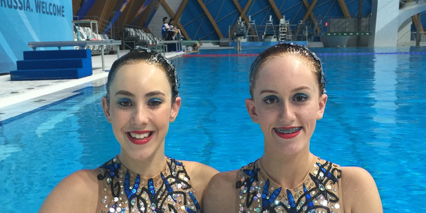 WORLD CLASS: Tauranga's Eva Morris, left, and Jazzlee Thomas performed outstandingly well at the FINA Junior World Synchronised Swimming Championships held in Russia. PHOTO/SUPPLIED