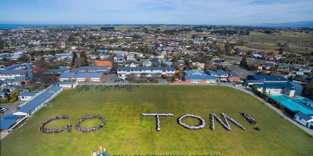 Timaru Boys High School show their support for Tom Walsh competing in the Rio Olympics. Photo / Facebook