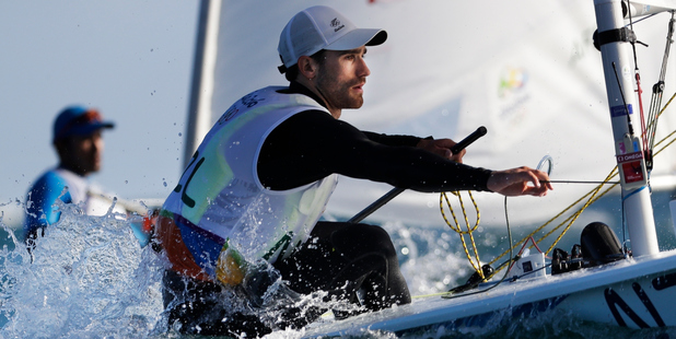 New Zealand's Sam Meech competes during the Laser men race at the 2016 Summer Olympics in Rio de Janeiro, Brazil, Saturday, Aug. 13, 2016. (AP Photo/Bernat Armangue)