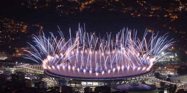 Fireworks explode over Maracana Stadium during the opening ceremony at the 2016 Summer Olympics in Rio de Janeiro, Brazil, Friday, Aug. 5, 2016. (AP Photo/Felipe Dana)