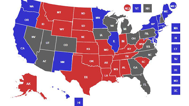 Trump's projections in July. (Trump in red, Clinton in blue, grey is a toss up.) Photo / Supplied