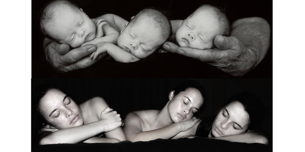 Charlee, Susanna and Jaclyn Passi of Waiuku who were photographed by Anne Geddes as babies. Photo / Anne Geddes