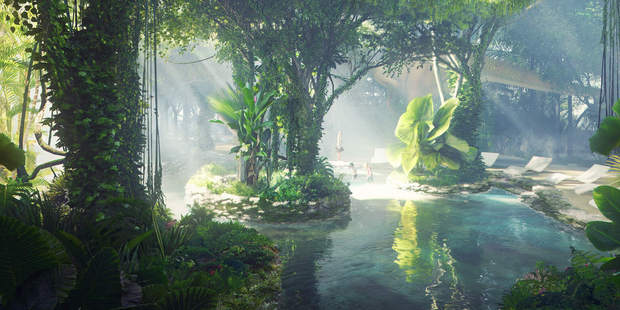 The man-made rainforest - in the middle of a desert city - will have a pool and an artificial beach for guests. Photo / Plompmozes