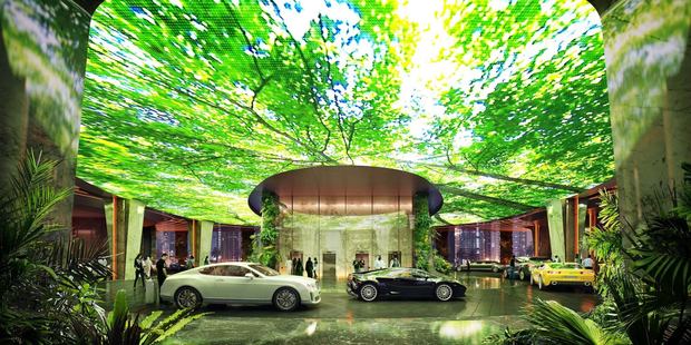 Well-to-do guests will pull up in luxury cars and park under a screen which can display images of vegetation or marine life. Photo / Plompmozes
