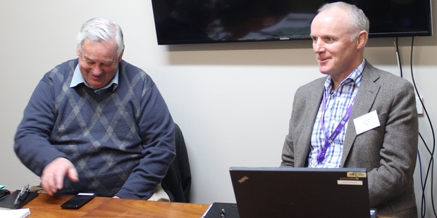 Jim Crispin (left), of the Dannevirke connectivity group, with Grant Wright, from Spark, at a meeting in Dannevirke last week to discuss options for cell coverage. Photo / Christine McKay