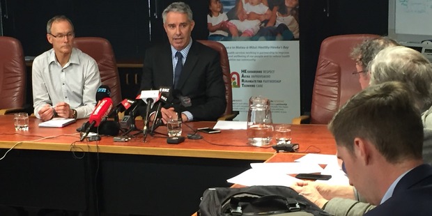 UPDATE: Hastings mayor Lawrence Yule (right) and the council's water services manager Brett Chapman at today's press conference.