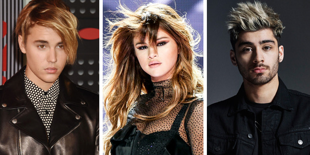 According to Justin Bieber, these pop stars are in one hell of a love triangle. Photos / Getty Images, AP
