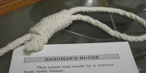 A noose made of toilet paper by an inmate on display at Folsom State Prison Museum in California. Photo / Helen Gordon, Flickr
