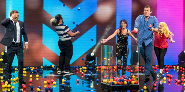 The contestants on You're Back in the Room have a ball with host Jason Gunn.