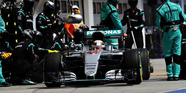 Lewis Hamilton gets a pit stop. Photo / Getty Images