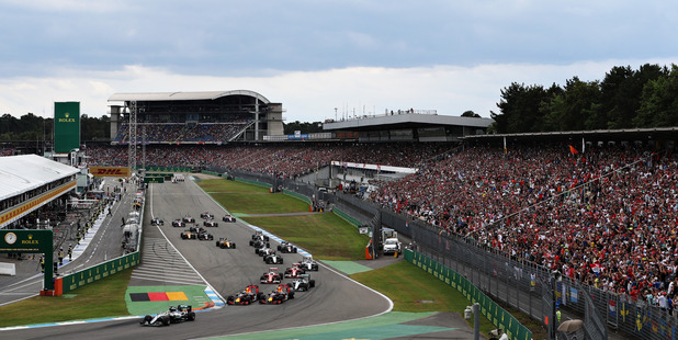 Lewis Hamilton leads into the first corner at the German Grand Prix. Photo / Getty Images