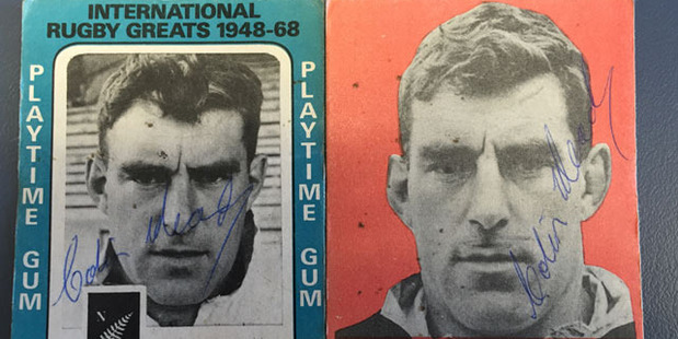 Jamie Mackay's treasured bubblegum cards signed by his hero Sir Colin Meads.