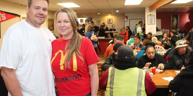 Mark and Debi Rush at St Vincent de Paul's soup kitchen in Frankton where they and 10 of their crew served lunch. Photo / Danielle Nicholson