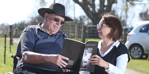 Jim Savage, Bay of Plenty paralympian and a major force behind the development of the para games movement in New Zealand, with the author of his book Jenny Rutherford. PHOTO/JOHN BORREN