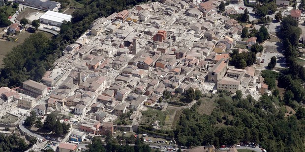 This aerial photo shows the damaged buildings in the historical part of the town of Amatrice. Photo / AP