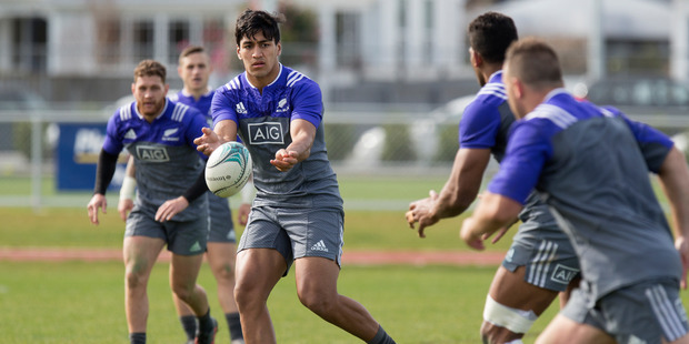 Rieko Ioane in action during the All Blacks training session at the Hutt Recreation Ground. Photo / Mark Mitchell