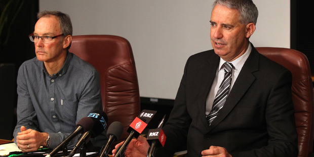 Hastings District Council water services manager Brett Chapman (left) and Hastings Mayor Lawrence Yule front a press conference on the Havelock North gastro outbreak. Photo: File